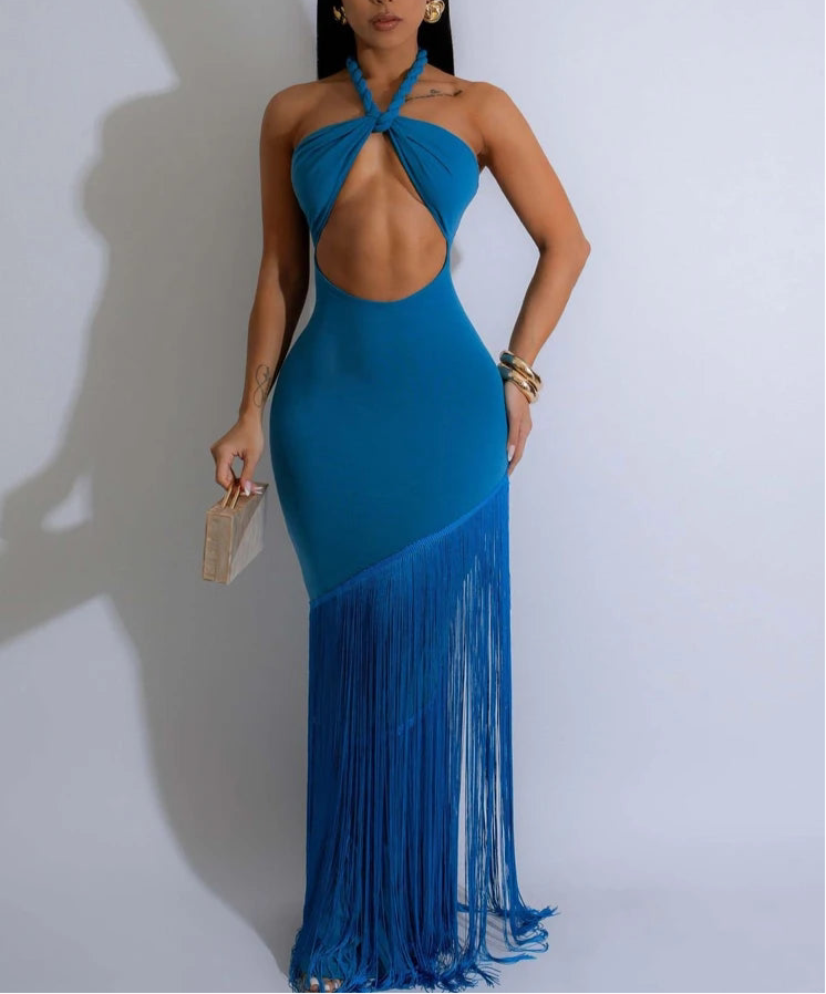 blue fringe maxi dress Marisol Fringe Maxi Dress