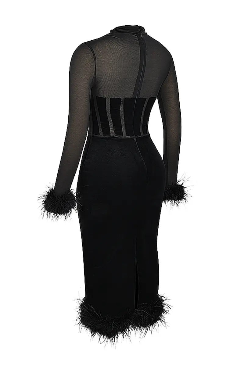 A&A Luxe Velvet Long Sleeved Feather Midi Bodycon Dress