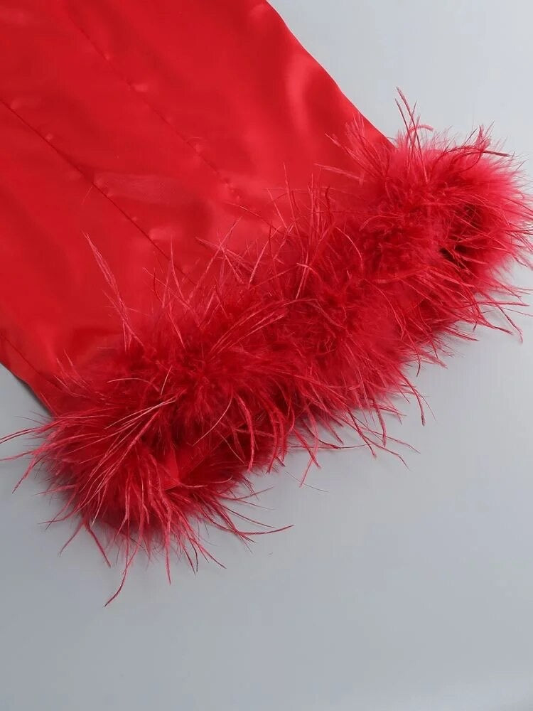 A&A Luxe Feather Tassel Spaghetti Strap Midi Dress