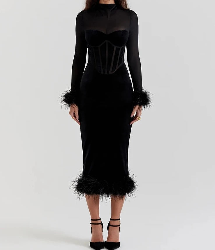 A&A Luxe Velvet Long Sleeved Feather Midi Bodycon Dress