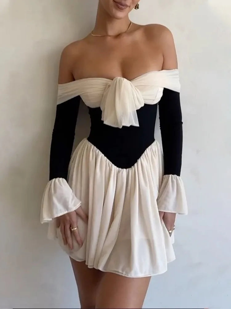 A&A Elegant Off The Shoulder Bow Tie Flared Sleeve Mini Dress