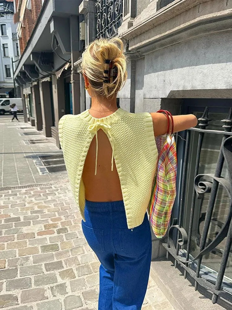A&A Yellow Lace Up Spring Sleeveless Backless Knit Top