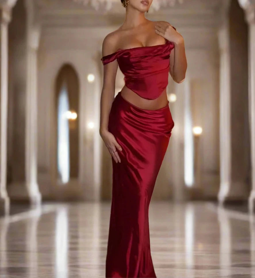 A&A Luxe Satin Two Piece Elegant Corset Style Top Maxi Skirt