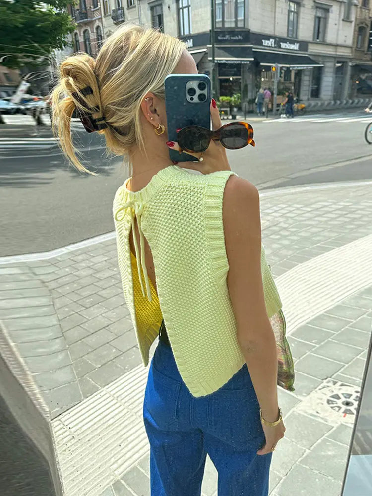 A&A Yellow Lace Up Spring Sleeveless Backless Knit Top