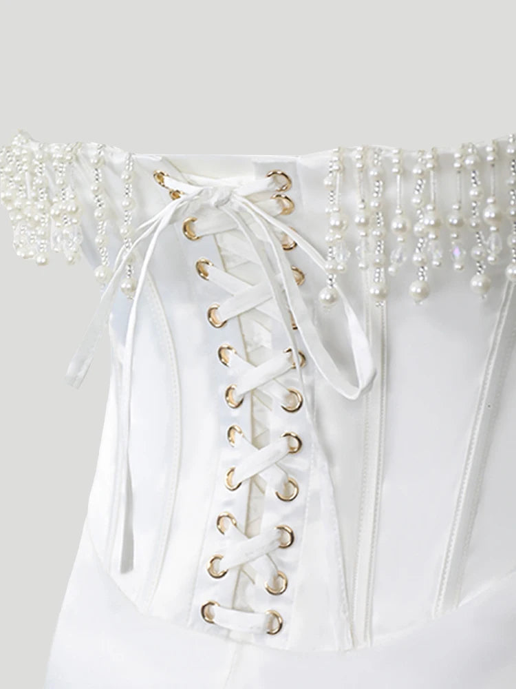 A&A Luxe White Beading Satin Bodycon Dress