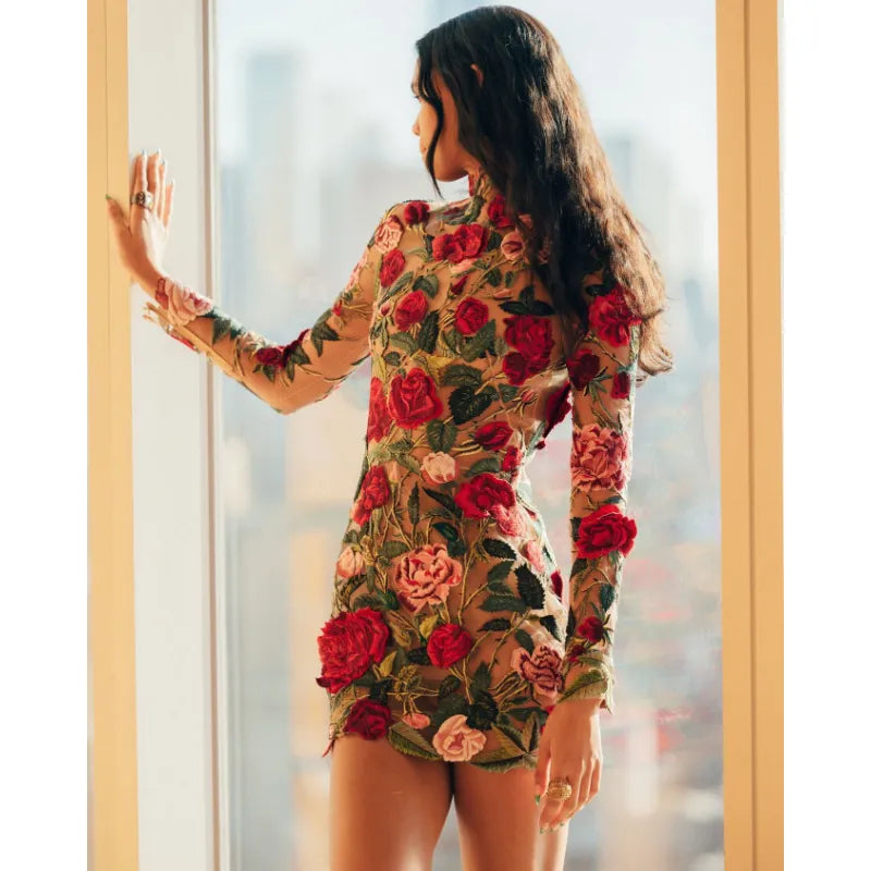 A&A Luxe Embroidered Floral High Neck Dress