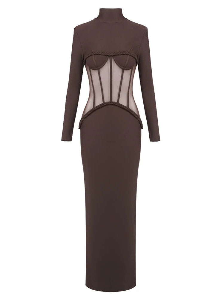 A&A Luxe Turtleneck Mesh Brown Long Sleeve Maxi Dress ARIELLA & AYANA A&A Luxe Turtleneck Mesh Brown Long Sleeve Maxi Dress ARIELLA & AYANA