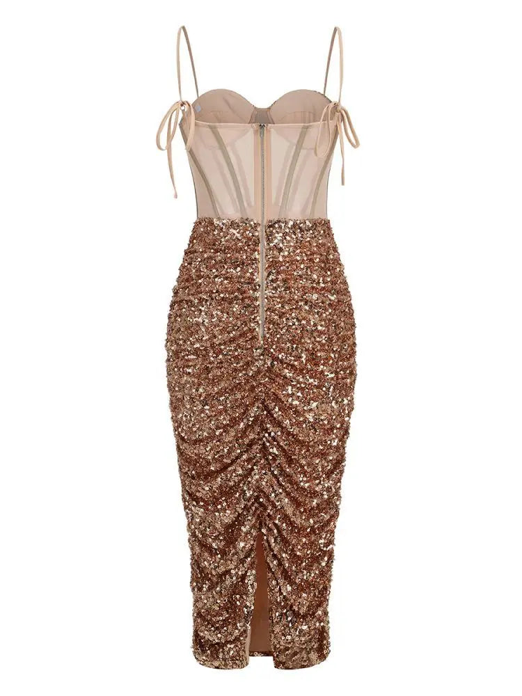A&A Luxe Bustier Sequined Mesh Dress