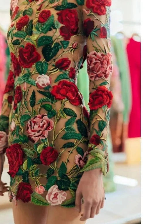 A&A Luxe Embroidered Floral High Neck Dress