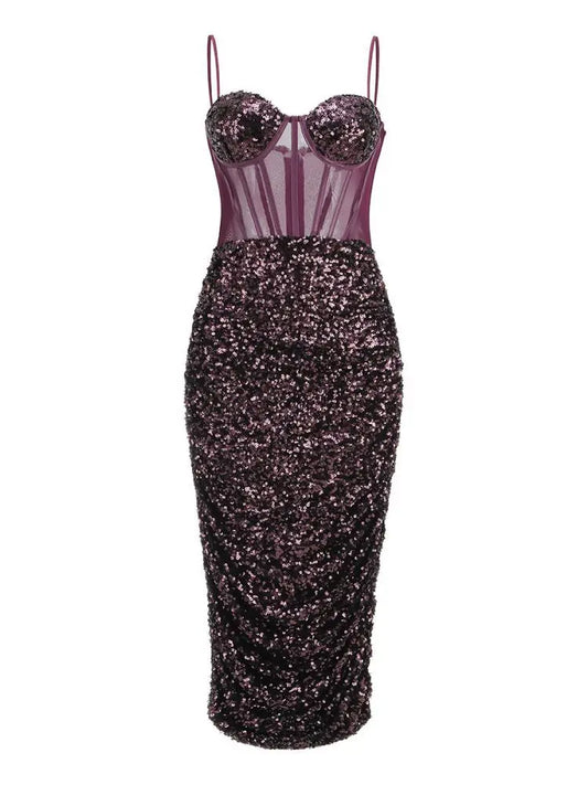 A&A Luxe Bustier Sequined Mesh Dress