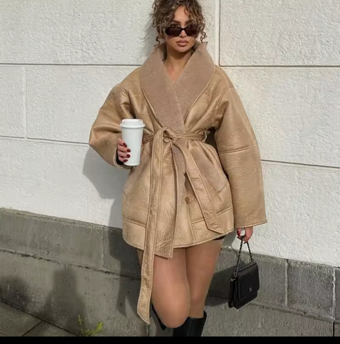 A&A Faux Leather Belted Shearling Coat