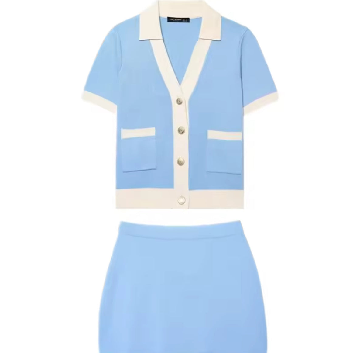 A&A Baby Blue Knitted Two Piece Cardigan & Skirt Set