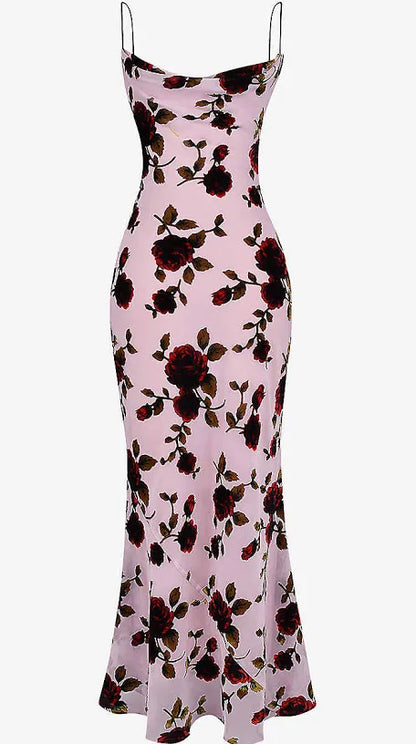 A&A Backless Lace Up Floral Print Mesh Dress