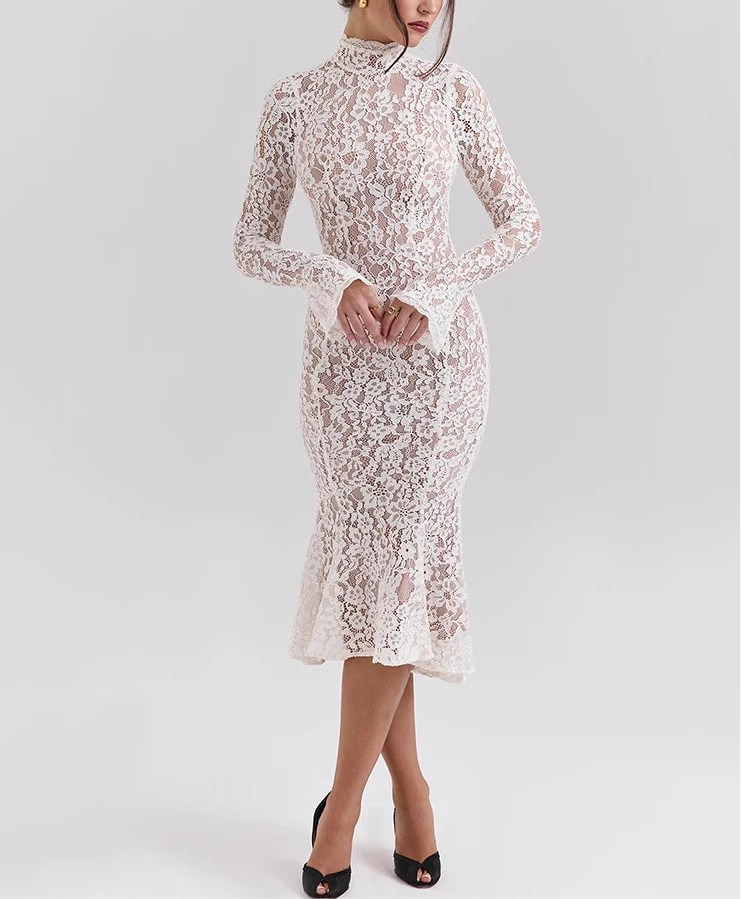 A&A Luxe Long Sleeve High Neck Lace White Midi Dress