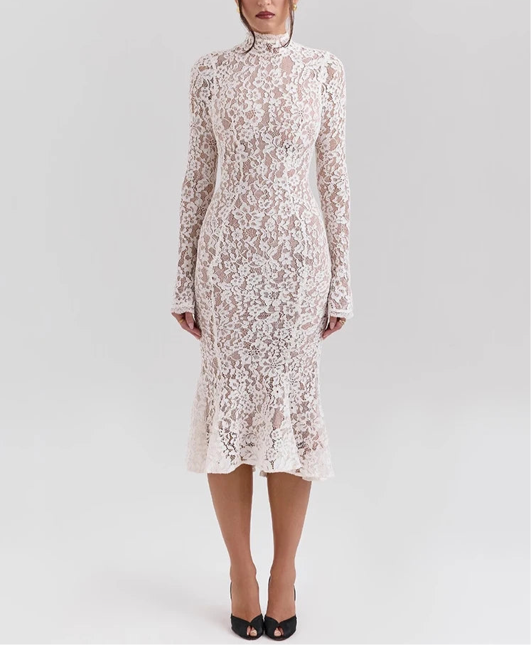 A&A Luxe Long Sleeve High Neck Lace White Midi Dress
