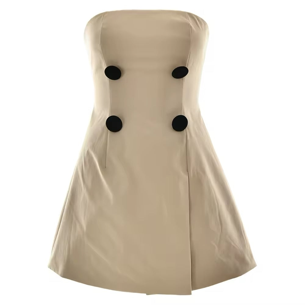 A&A Strapless A-line Button Khaki Sleeveless Dress