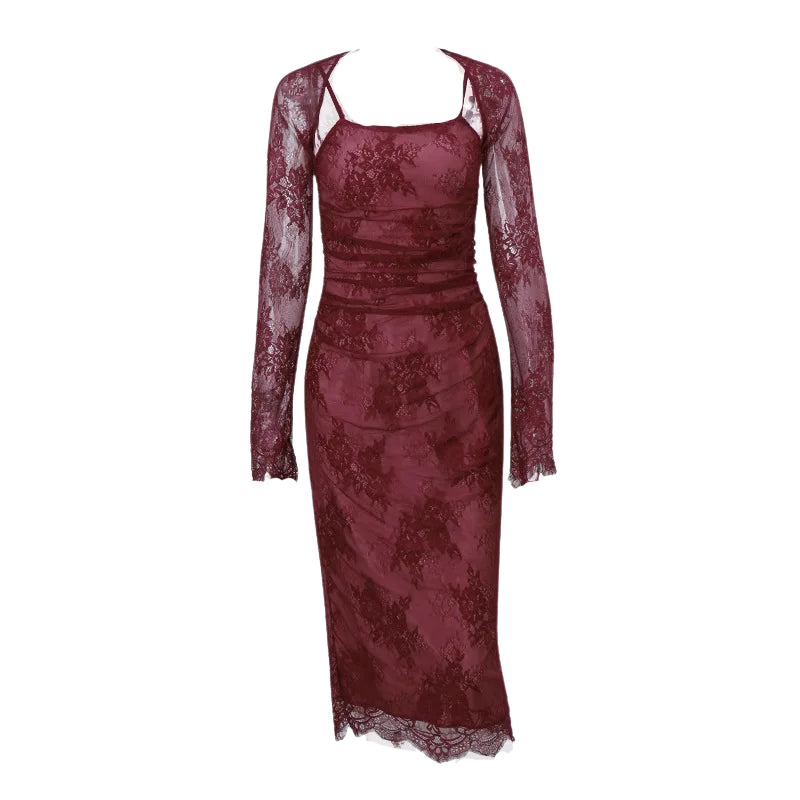 A&A Lace Print Bodycon Burgundy Midi Dress