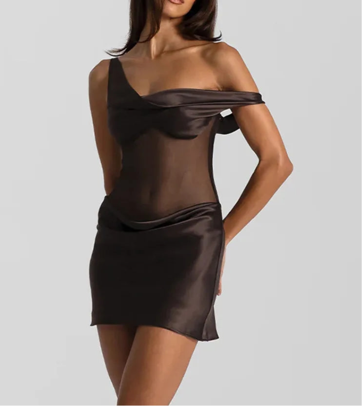 A&A Off Shoulder Satin Sheer Mini  Bodycon Dress