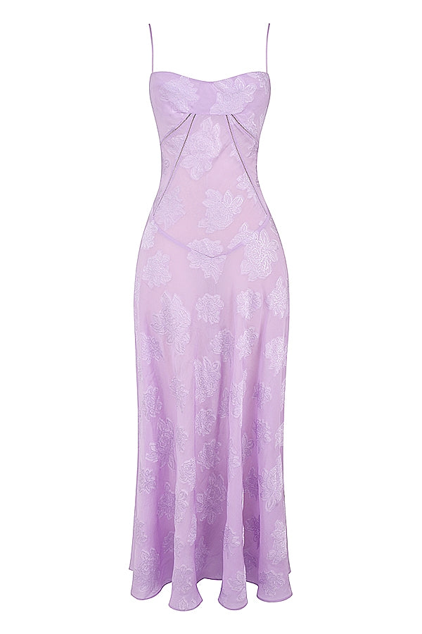 A&A Lace Floral Spaghetti Strap Sheer Sleeveless Lilac Dress