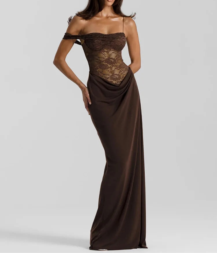 A&A One Shoulder Lace Sheer Panel Maxi Dress