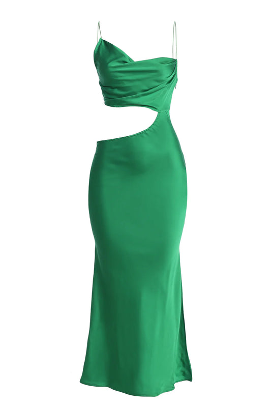 A&A Luxe Cut Out Satin Green Maxi Dress