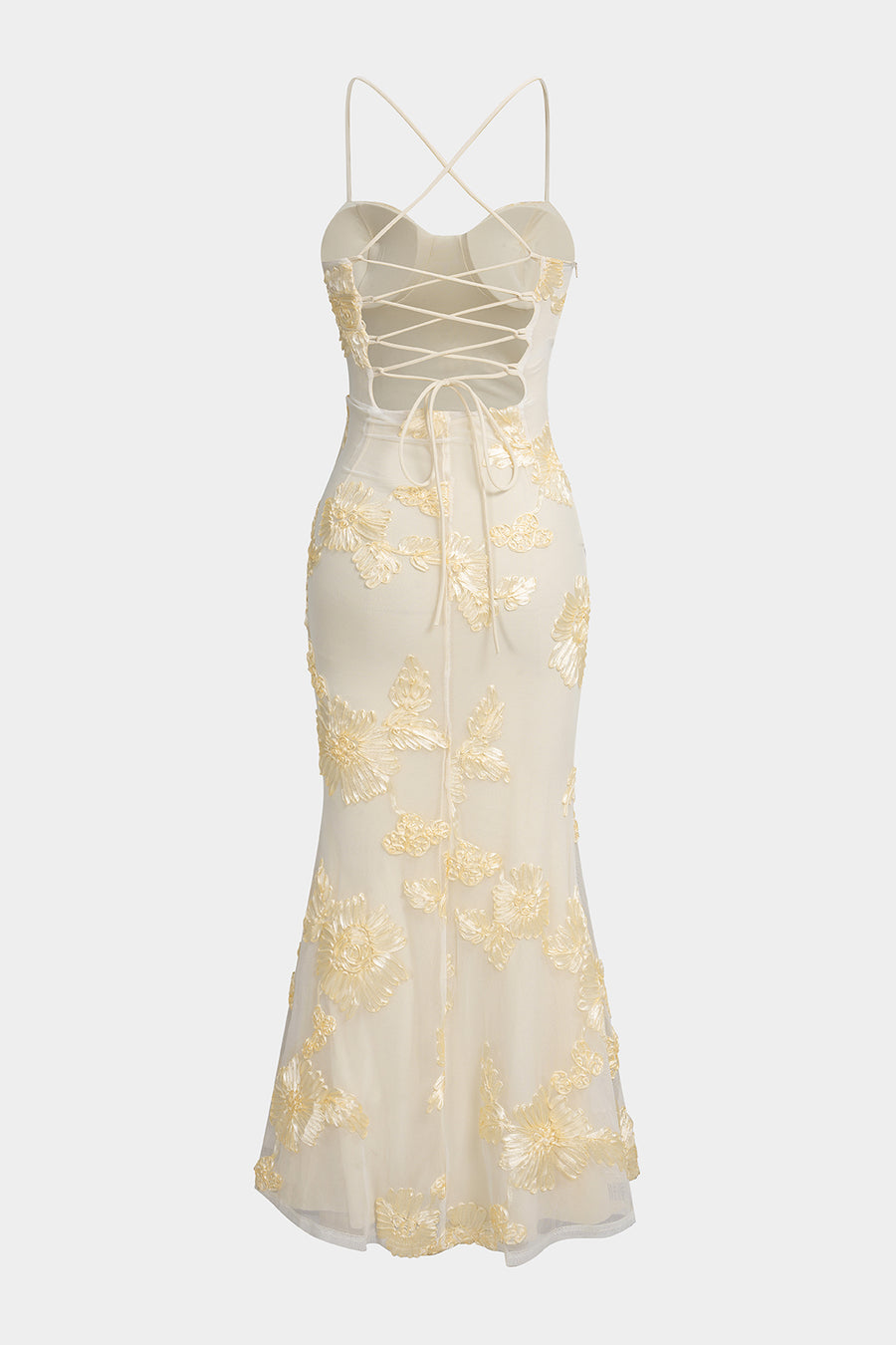 A&A Floral Embroidered Elegant Champagne Evening Maxi Dress