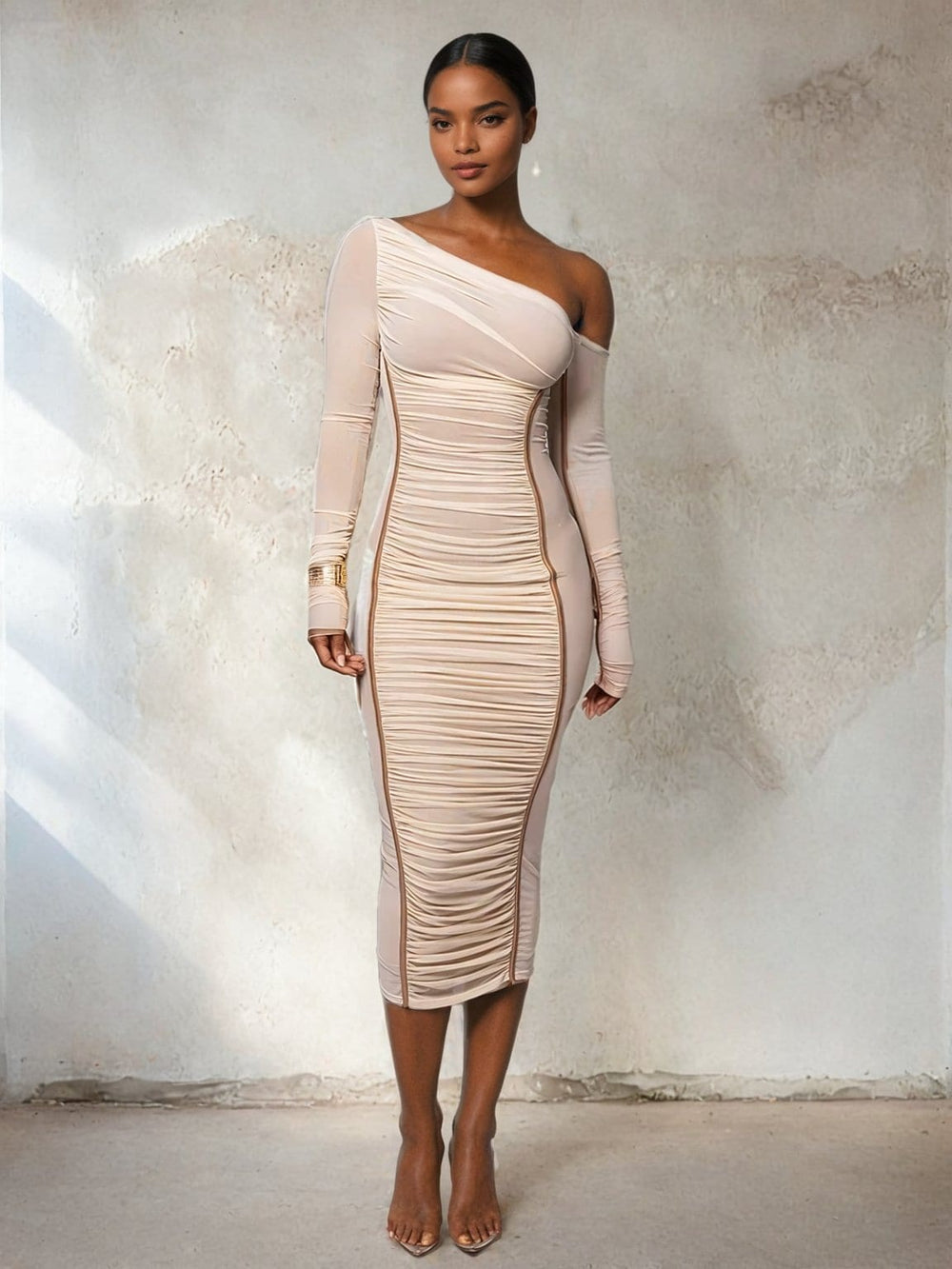 A&A One Shoulder Mesh Long Sleeve Ruched Midi Dress – ARIELLA & AYANA A&A One Shoulder Mesh Long Sleeve Ruched Midi Dress – ARIELLA & AYANA