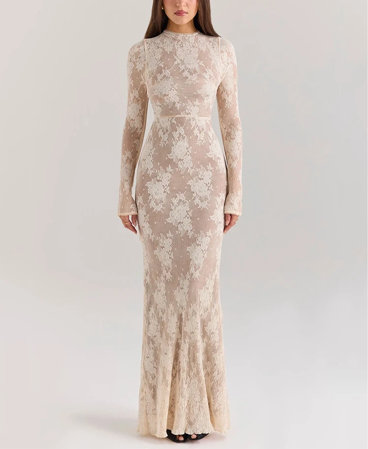 A&A Luxe High Collar Bodycon Lace Print Long Sleeve Maxi Dress