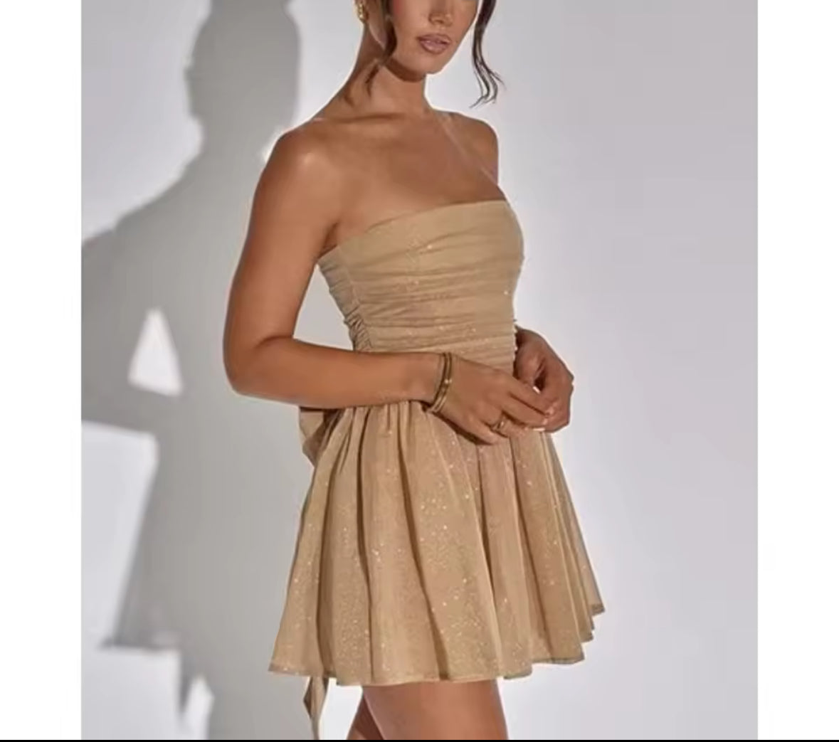 A&A Strapless Bow Tie Mini Pleated Sparkle Dress