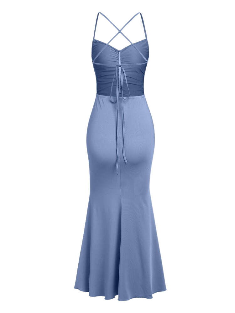 A&A Ruched Criss Cross Backless Maxi Mermaid Dress