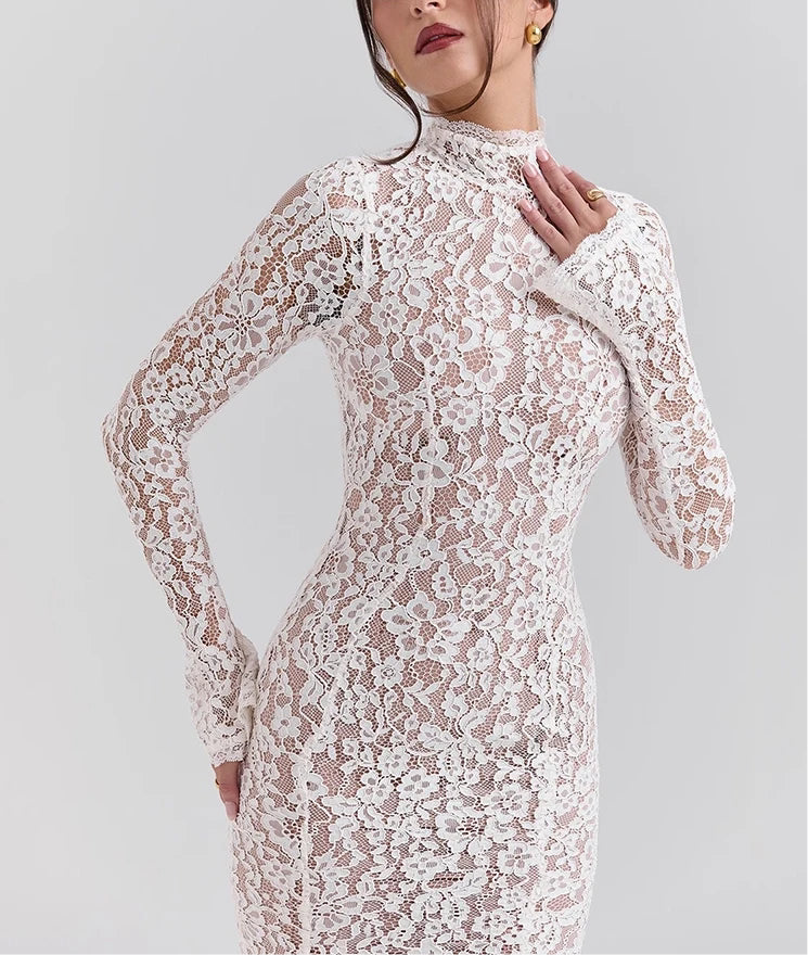 A&A Luxe Long Sleeve High Neck Lace White Midi Dress