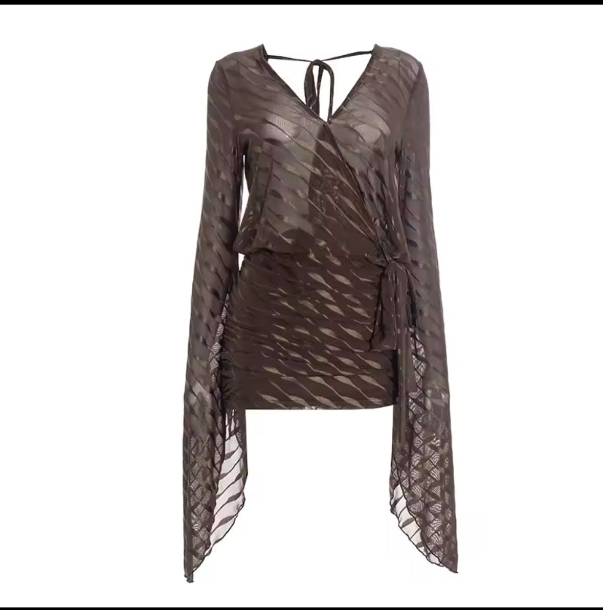 A&A Brown Sheer Long-Sleeve Tie-Waist Mini Dress