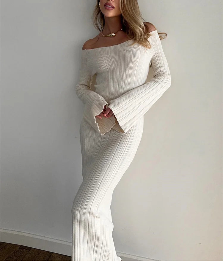 A&A Elegant Long Sleeve Ribbed Off-Shoulder Maxi Dress