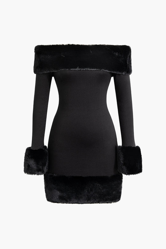 A&A Elegant Fur Off The Shoulder Mini Dress