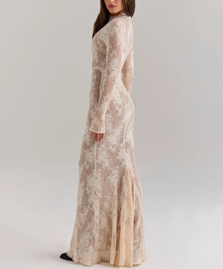 A&A Luxe High Collar Bodycon Lace Print Long Sleeve Maxi Dress