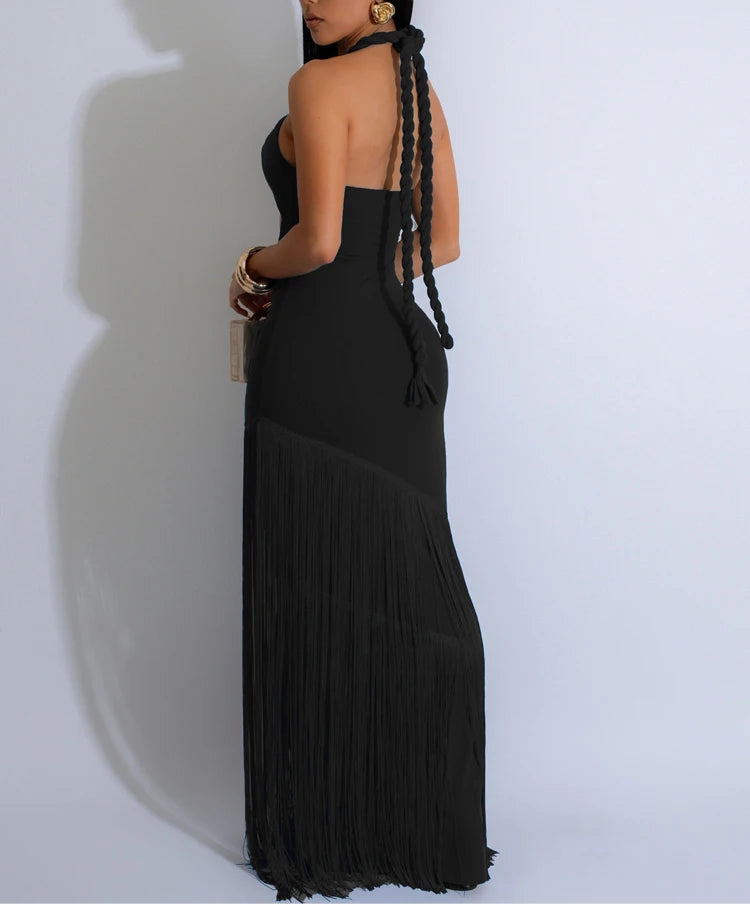 A&A Teal Cutout Fringe Maxi Dress