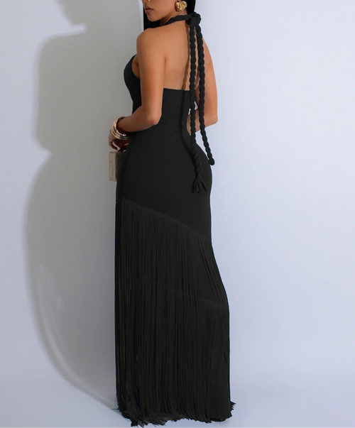 A&A Teal Cutout Fringe Maxi Dress