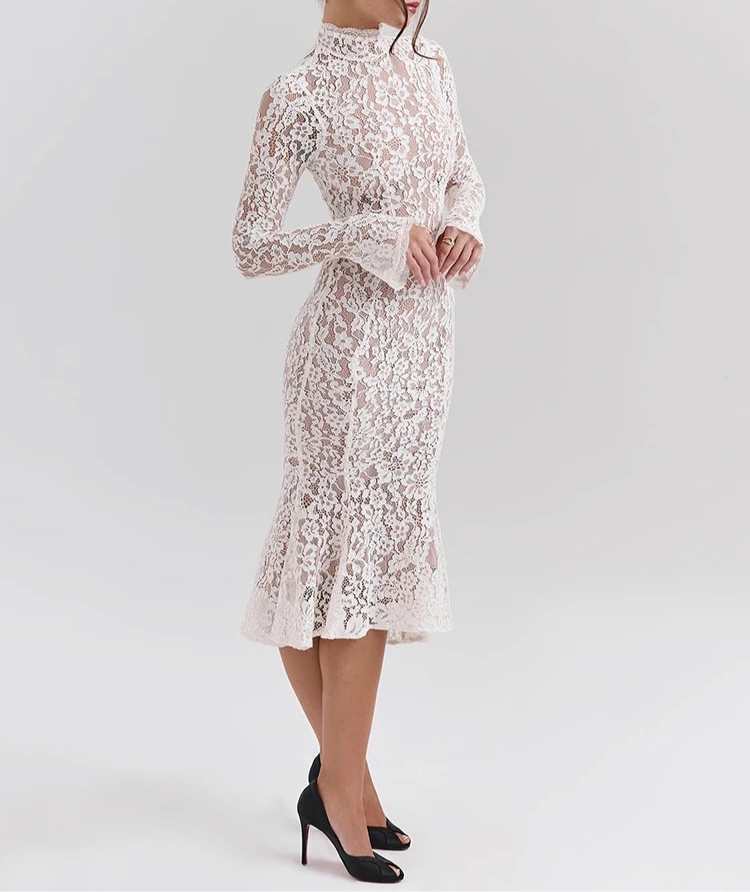 A&A Luxe Long Sleeve High Neck Lace White Midi Dress
