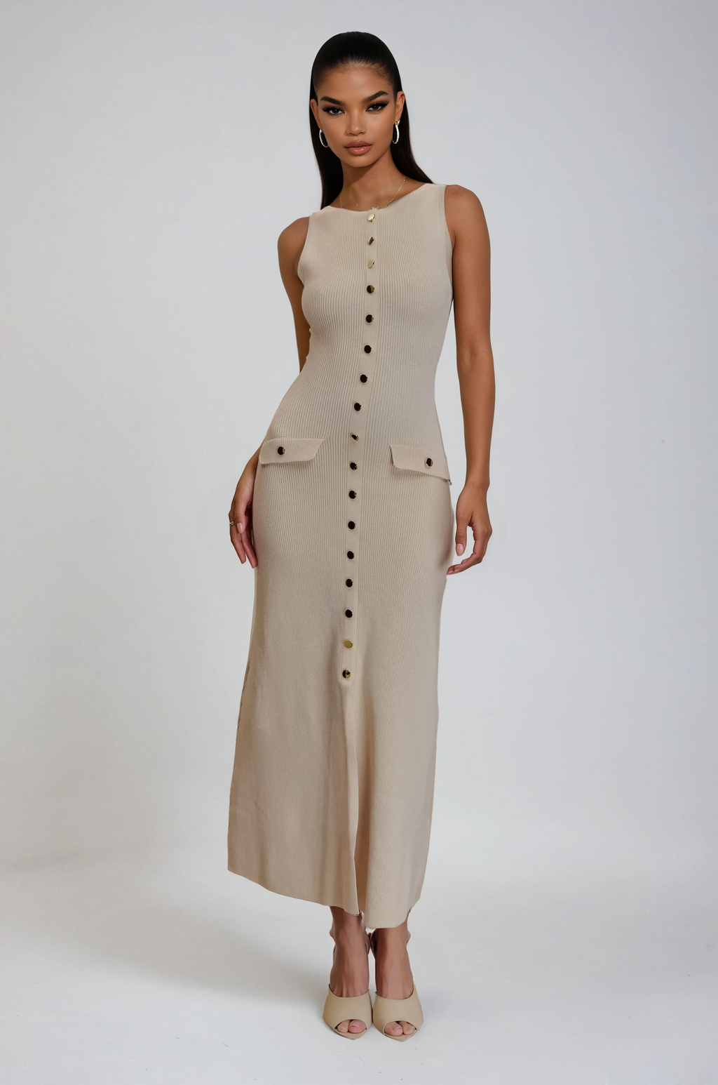 A&A Alina Elegant Knitted Button Down Maxi Dress