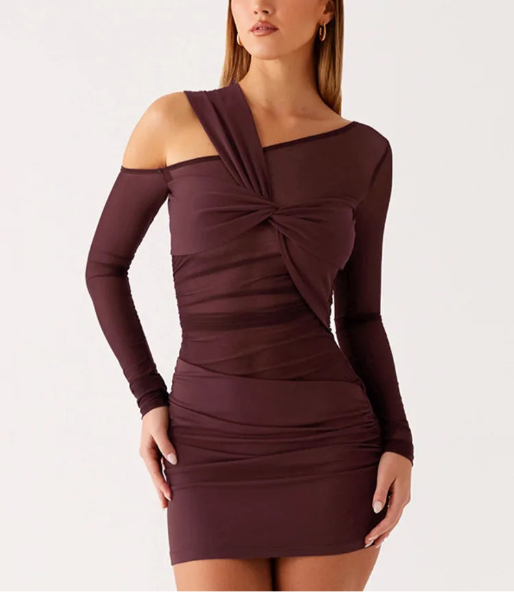 A&A Burgundy Asymmetric Sheer Mesh Knot Mini Dress