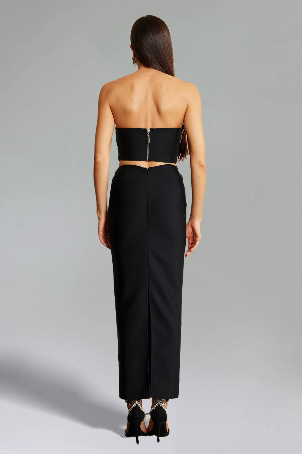 A&A Luxe Strapless Flower Crystal Black Maxi Bandage Skirt Set