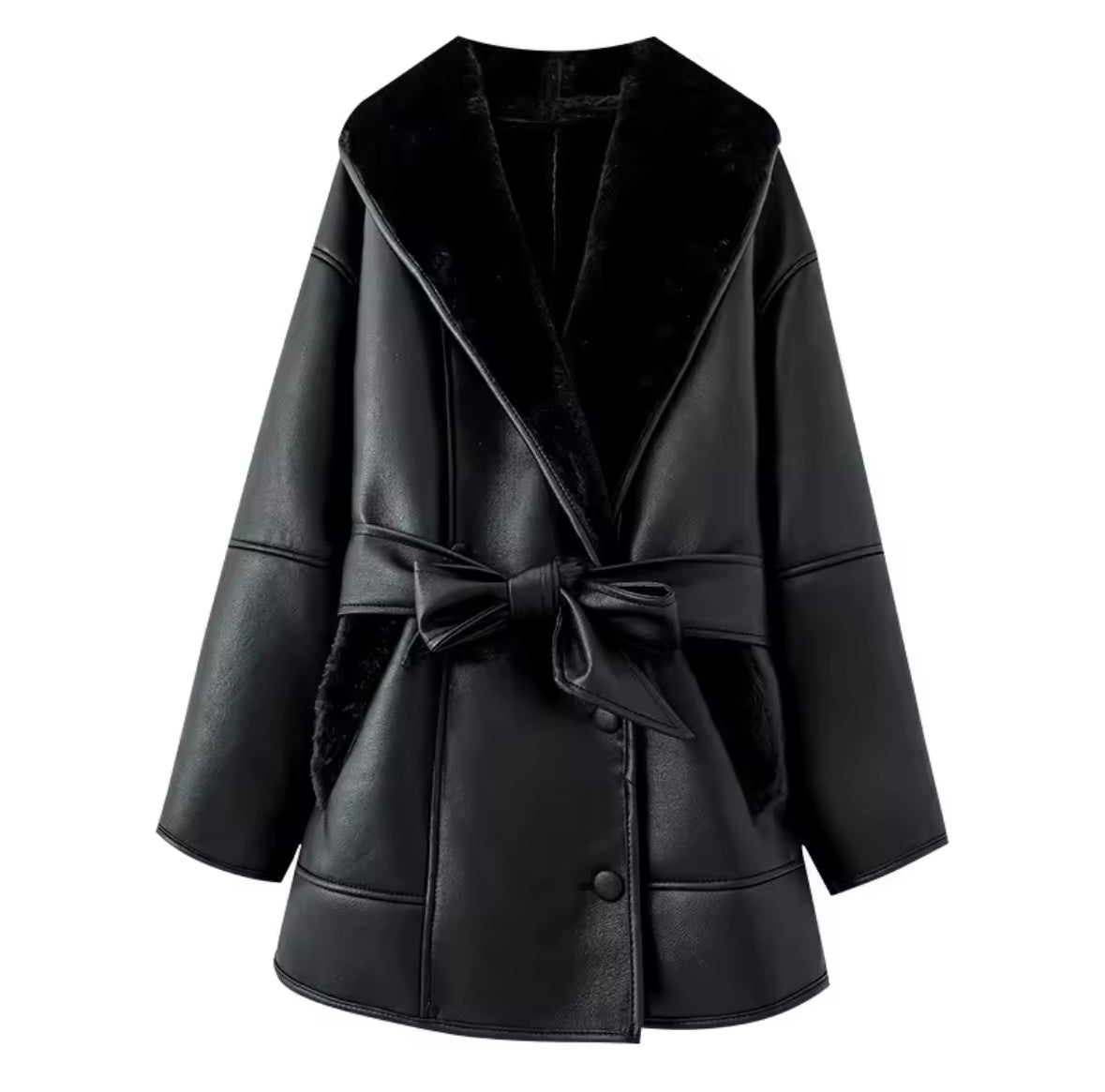 A&A Faux Leather Belted Shearling Coat