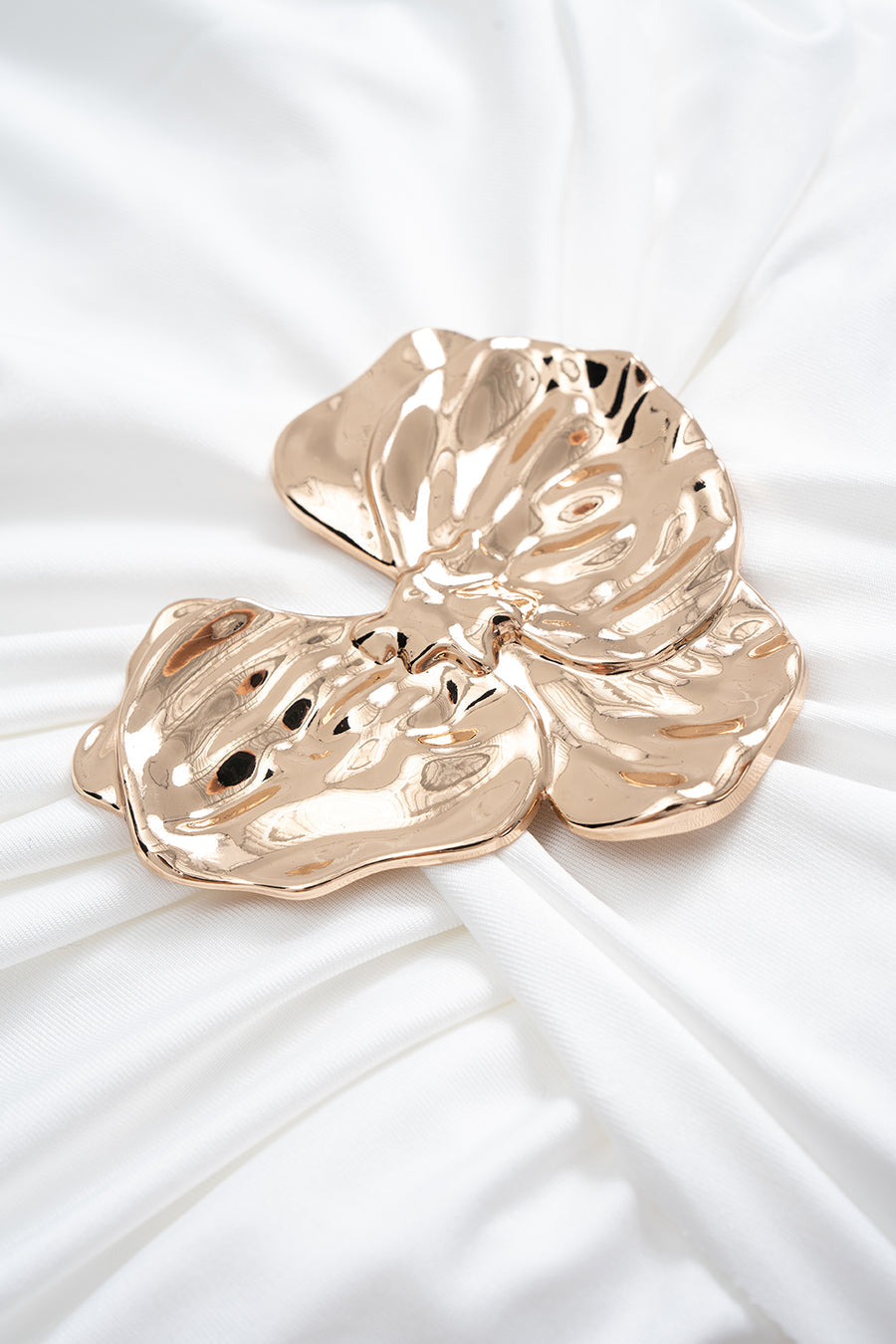 A&A Gold Chrome Flower Draped Ruched Mini Dress