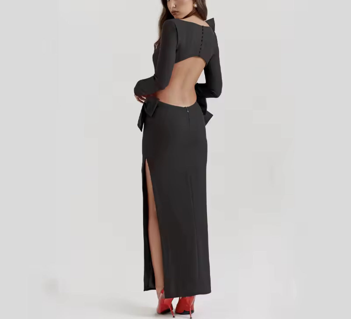A&A Luxe Bow Backless Long Sleeve Maxi Dress