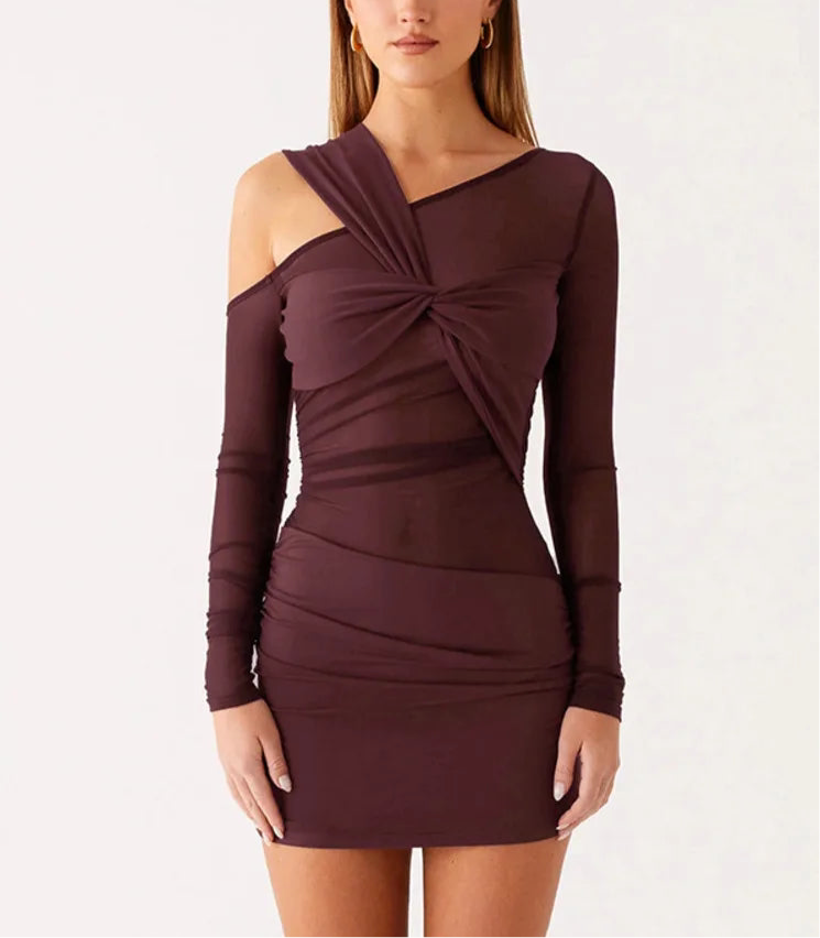 A&A Burgundy Asymmetric Sheer Mesh Knot Mini Dress