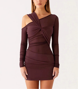 A&A Burgundy Asymmetric Sheer Mesh Knot Mini Dress