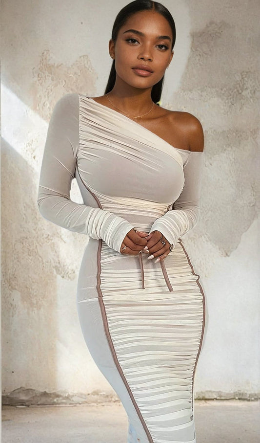 A&A One Shoulder Mesh Long Sleeve Ruched Midi Dress