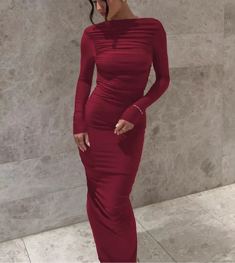 A&A V Backless Long Sleeve  Ruched Maxi Dress