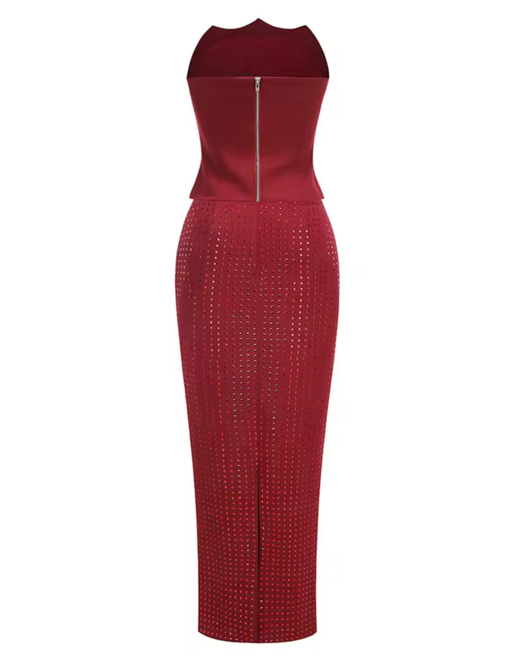 A&A Luxe Red Embellished Strapless Corset Sequin Maxi Skirt Set