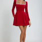 A&A Embellished Collar Long Sleeve Velvet A-line Dress